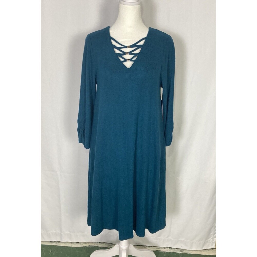 Apt 9 Teal Stretch 3/4 Sleeve Dress Pockets Small Midi NWT